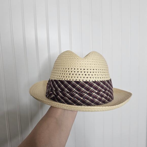 Beaver Brand Hats Straw Trilby Fedora Hat Milanette Weave Buffalo Nickel Plaid - Picture 6 of 11
